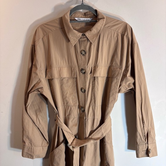 ZARA Sz L Boiler Suit Tan Belted Jumpsuit long Sleeve Patch Pockets Loose Leg - Picture 3 of 10